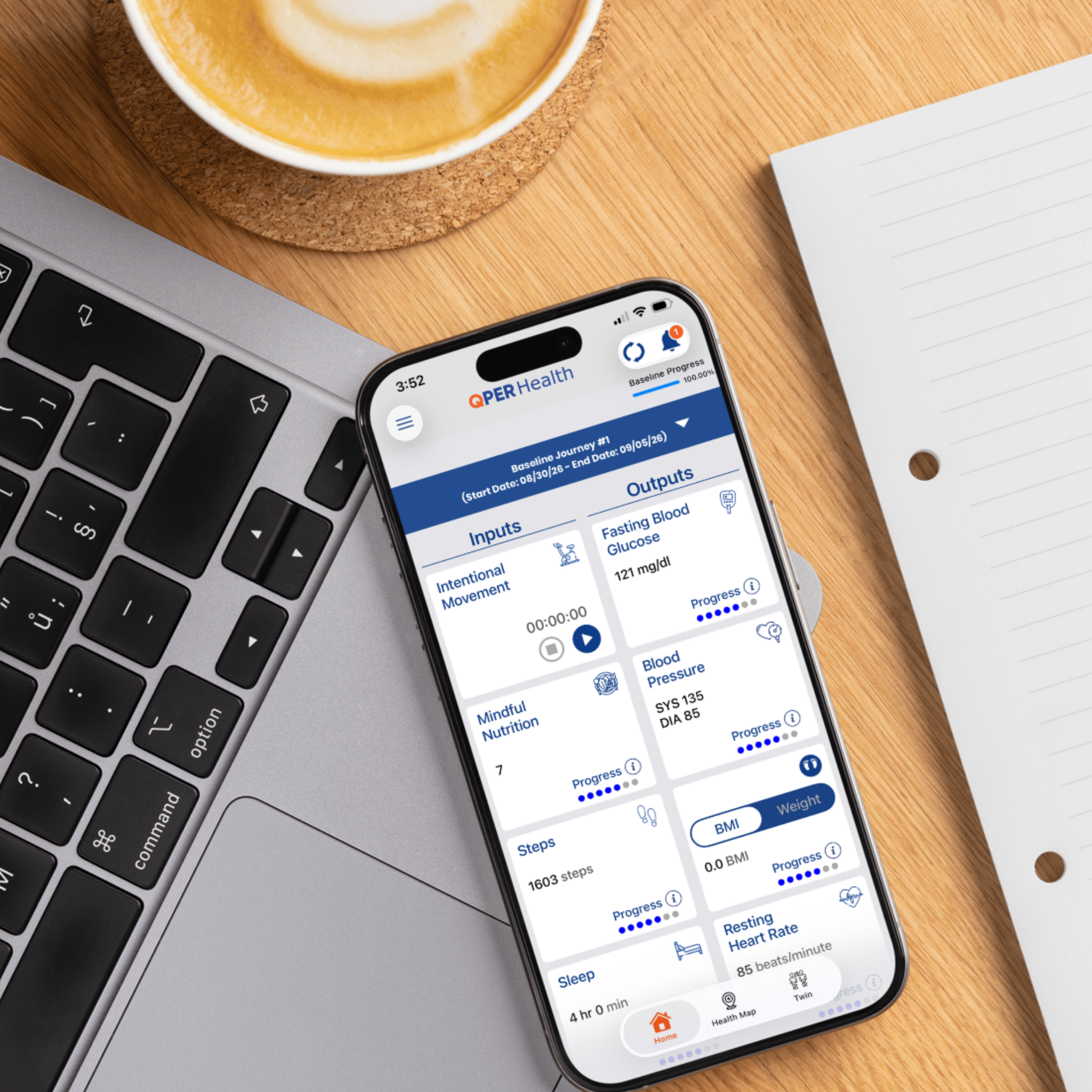 QPER Health Inputs and Outputs view connecting lifestyle factors with measurable health markers