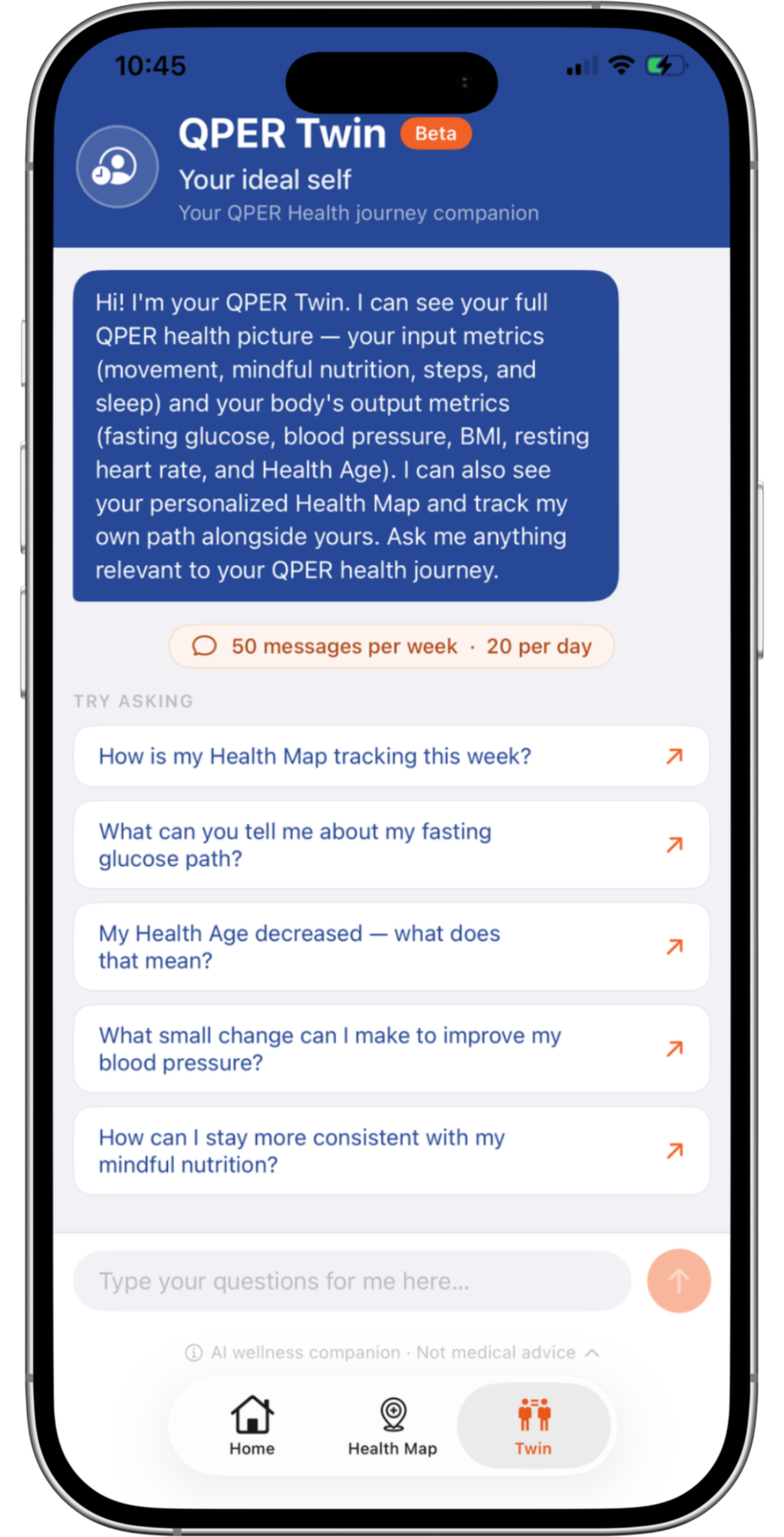 AI-powered QPER Twin personalized health companion screen